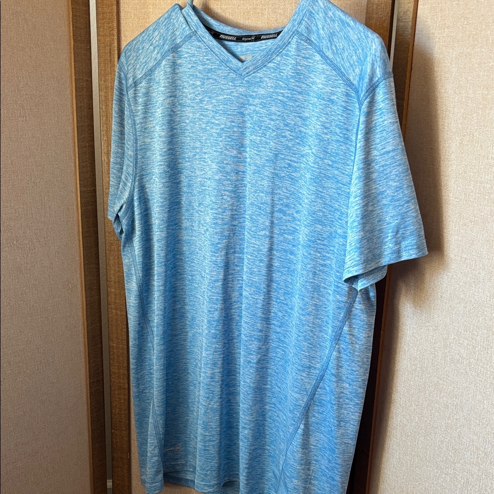 Russell Men's Space Dyed Blue V-Neck Shirt Medium